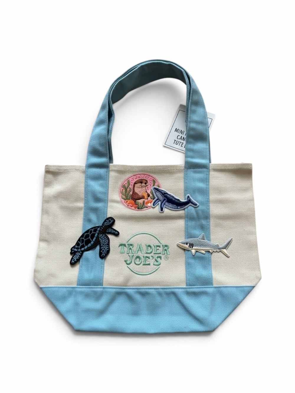 NWT Trader Joe's Mini Canvas Tote Bag Light Blue Sea Life Patches